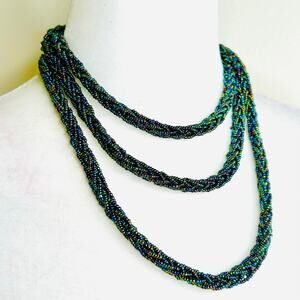 Dark Colorful Iridescent Thick Seed Bead Long Flapper Length Rope Necklace